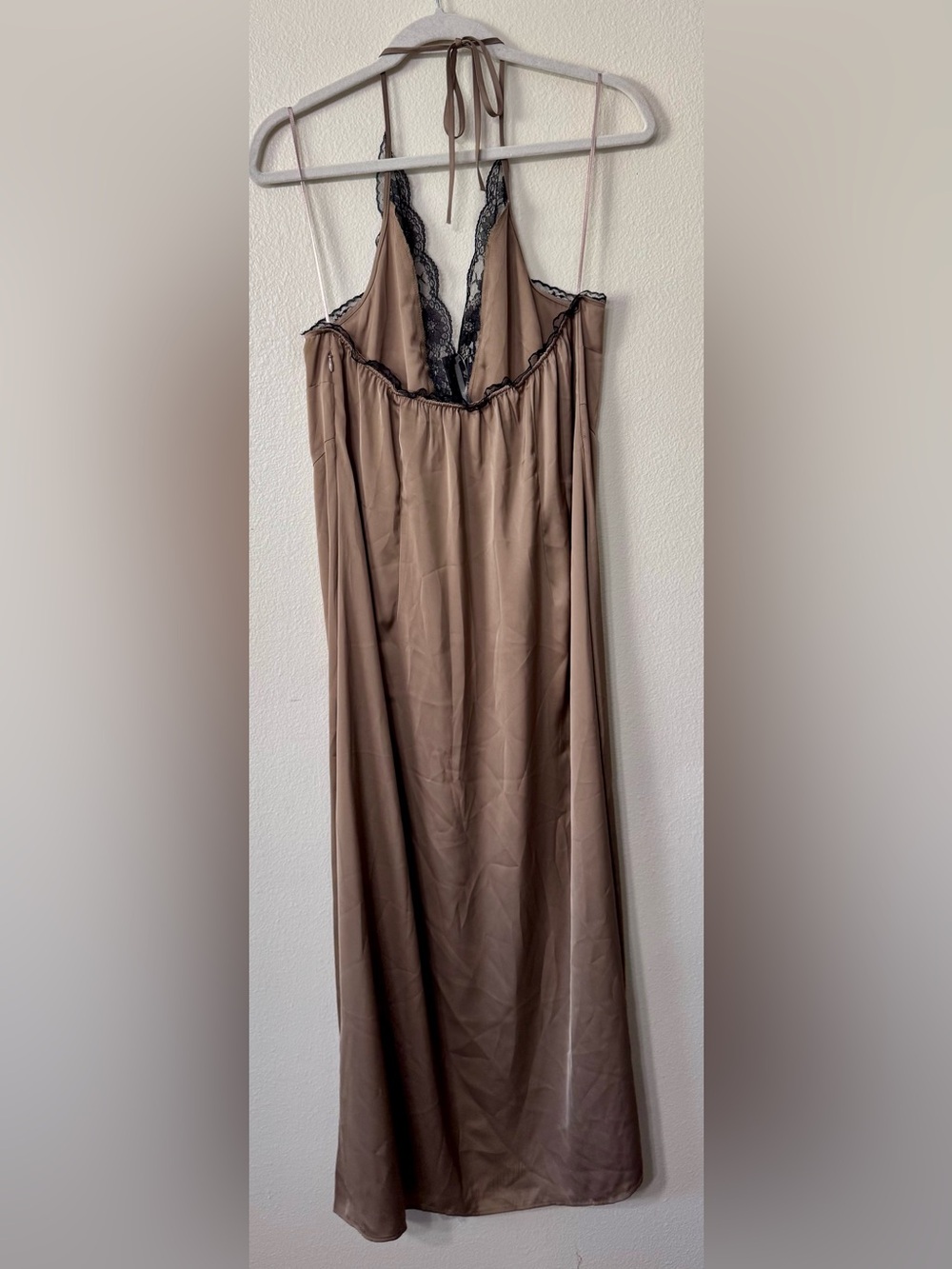 Anthropologie Taupe Satin Maxi Dress with Black Lace Trim - Picture 6 of 6